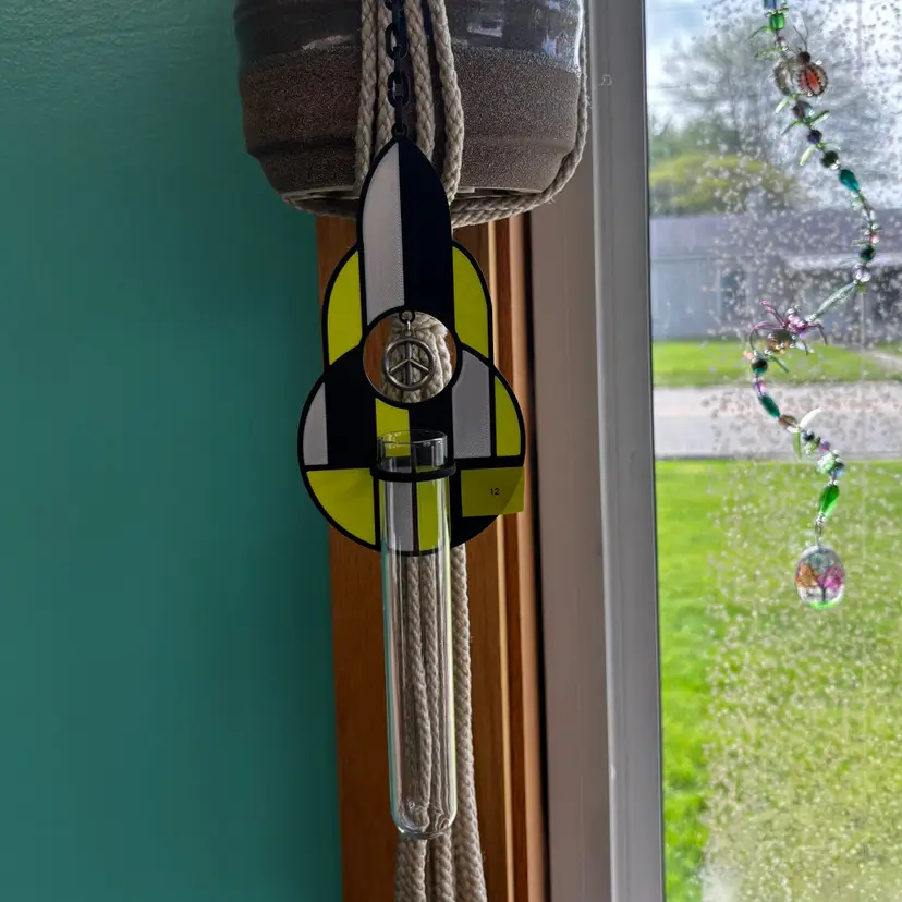 Faux Stained Glass Neon Green Propagation Station Hanger with Peace Charm