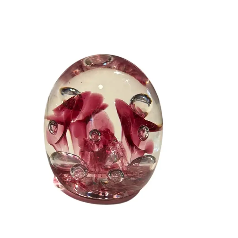 Joe Rice Vintage Pink Ice-pick Flowers & Controlled Bubbles Paperweight - 3”