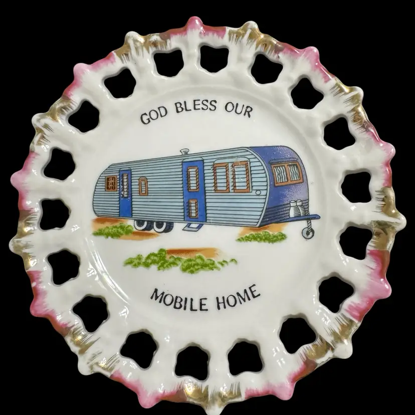Kitschy Vintage Hand Painted Porcelain Decorative Plate with Ribbon To Hang
