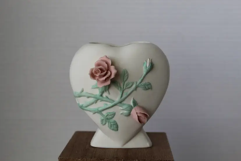 Porcelain Bisque Heart Shape Vase Victorian Detailed Floral Cottagecore Flowers