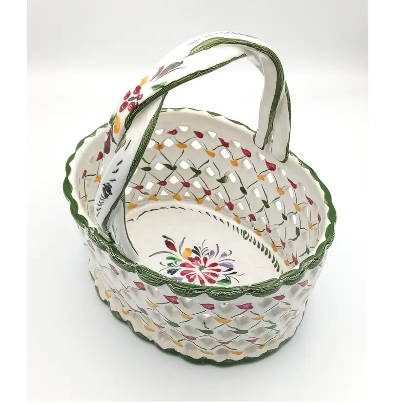 Vintage Ceramic Reticulated Basket, Braided Handle, Handmade in Portugal