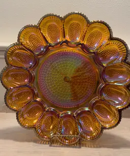 Amber Carnival Indiana Glass Iridescent Hobnail Armadillo Deviled Egg Tray