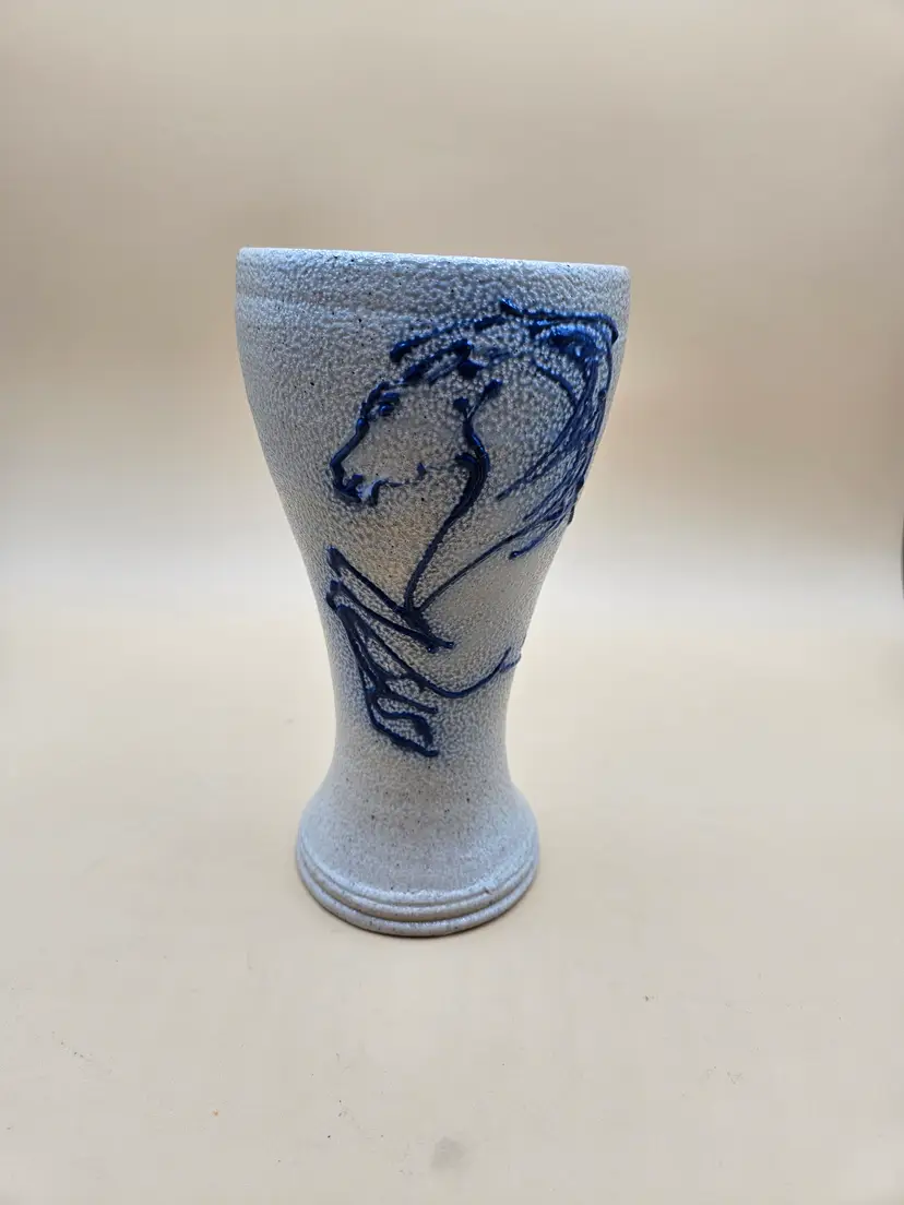 Rock Hard Salt Glazed Pottery Blue Galopping Horse Vase/Goblet 6.75"H