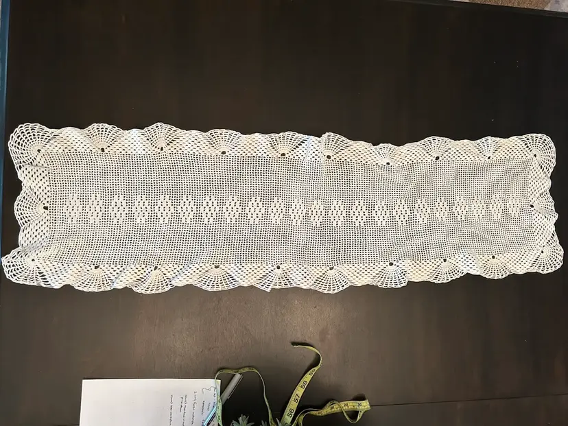 Vintage Long Rectangular Crochet Table Runner Dresser Scarf Shell Design Scallop Edge