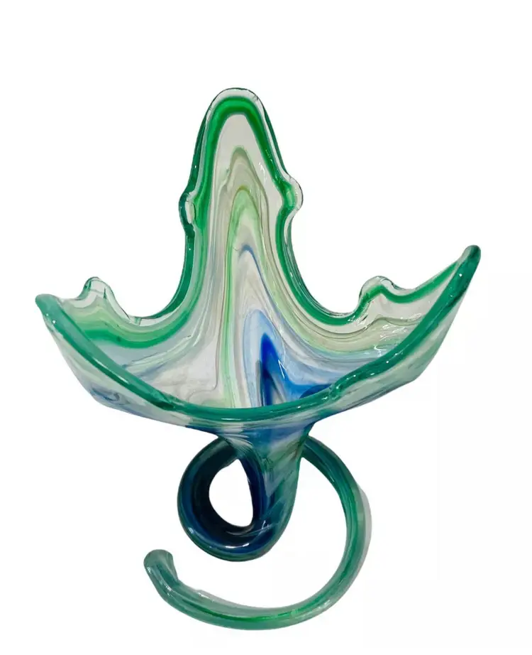 HandBlown Art Glass 10.25" Vase Mid Century Mod Blue Green Prince Rupert Style