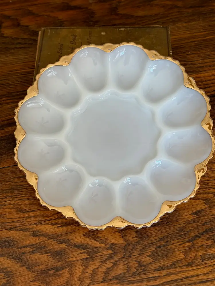 Vintage Milk Glass Deviled Egg Platter with Scalloped Gold Trim – 12-Well Egg Plate, 10” – Mid-Century Serveware