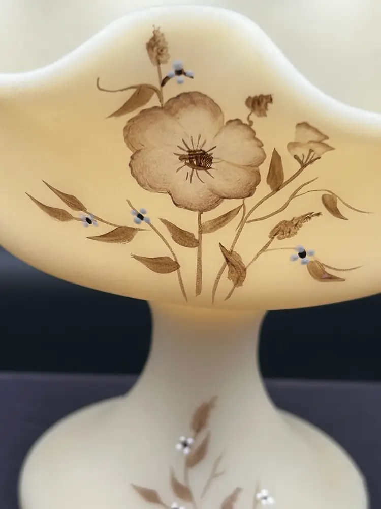 Fenton Glass Cameo Ruffled Satin Compote with Hand Painted Wild Flowers, Brown And Blue.