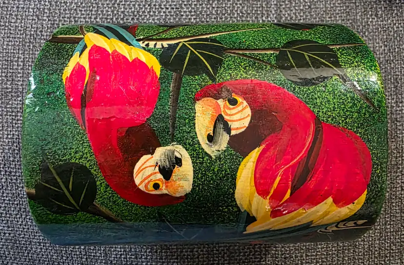 Handpainted Wooden Chest Style Trinket Box With Parrots