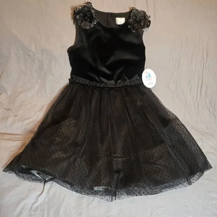 Luli & Me NWT Boutique Girls Dress Black Flowers Polka Dot w/petticoat Sz 10