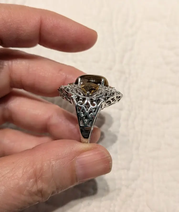 Vintage Karis Sterling Silver Tiger Eye Ring Surrounded by Citrine, Size 7