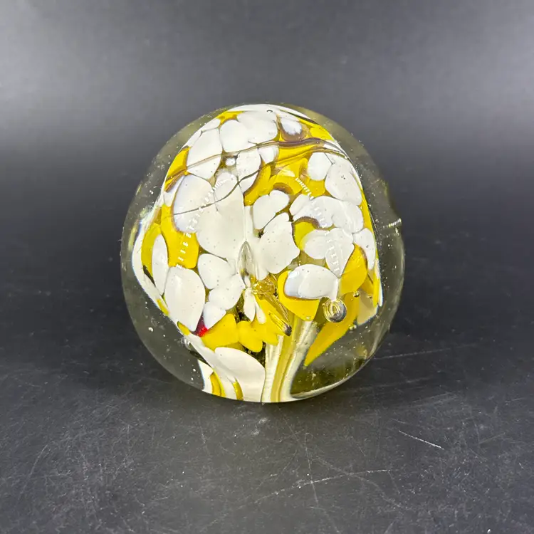 Yellow & White 2.5" Art Glass Paperweight AS IS