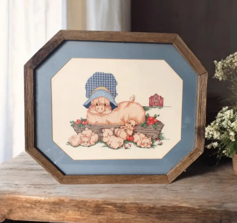 Handmade Farmhouse Pigs Cross Stitch Framed Rustic Apples Barnyard 21x17 Kitsch
