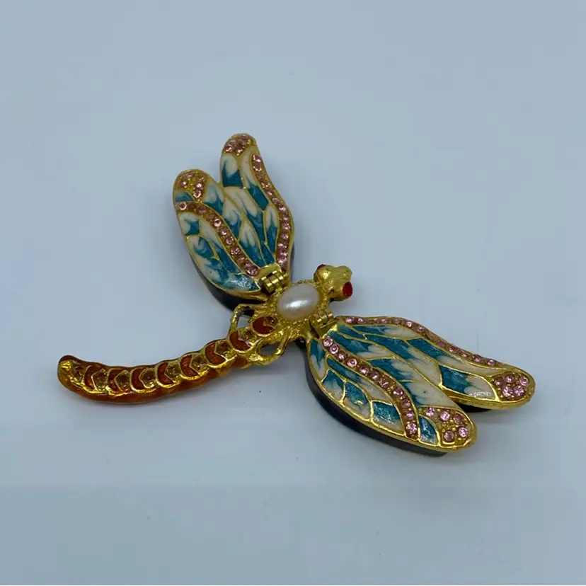 #1440 Decorative enameled dragonfly trinket box with faux pearls and crystals.