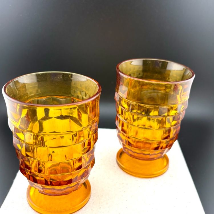 Vintage Set Of 2 Amber Footed Juice Glasses 3.75” Tall x 2.5” Wide
