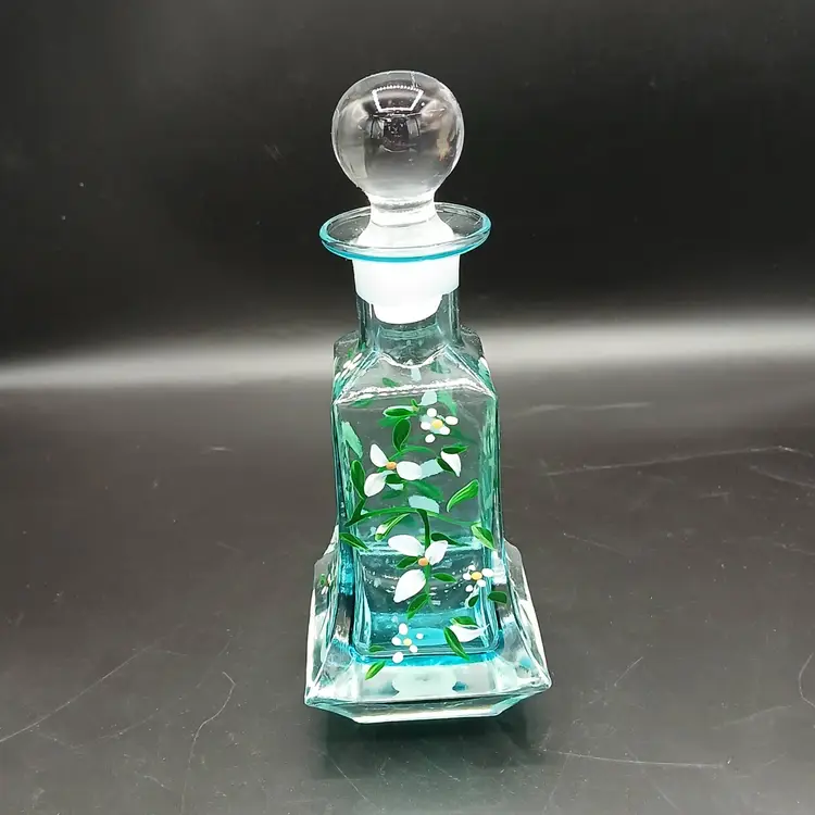 Teal Glass Decanter With Hand-Painted Florals