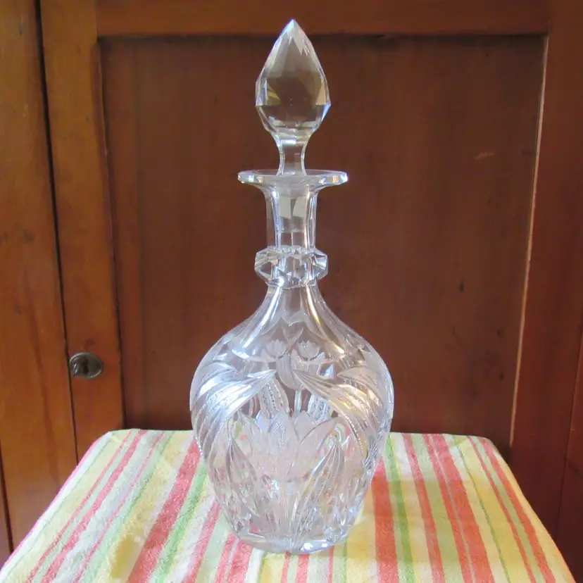 Heavy Cut Glass Decanter with Stopper - Tulip Pattern