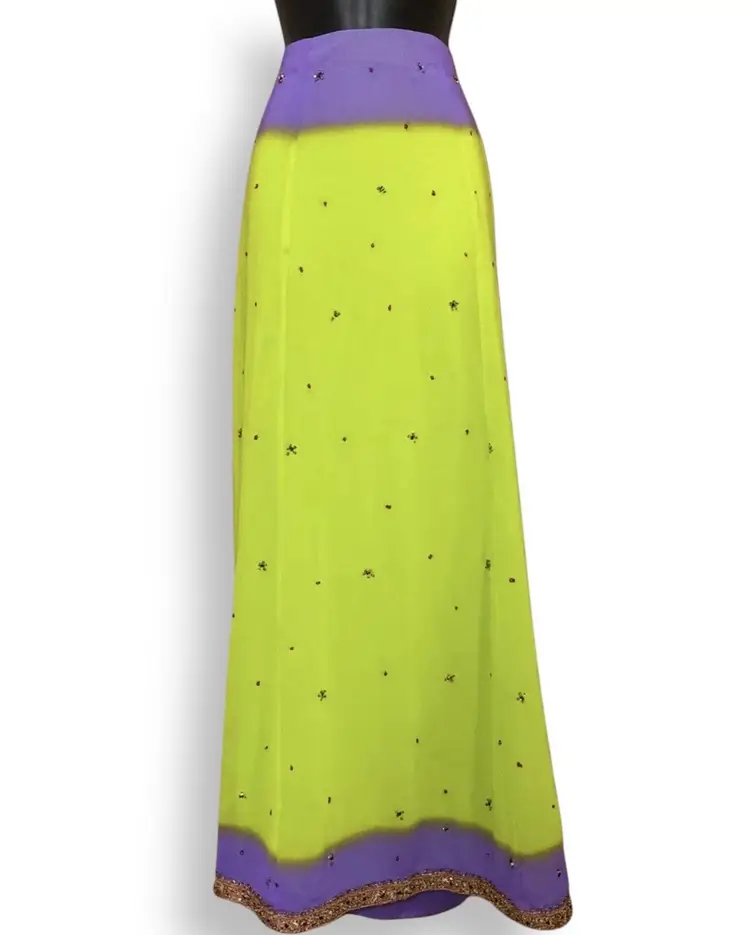 Handmade Vintage Purple Lime Green Ombre Gold Beaded Trim Full Length Maxi Skirt