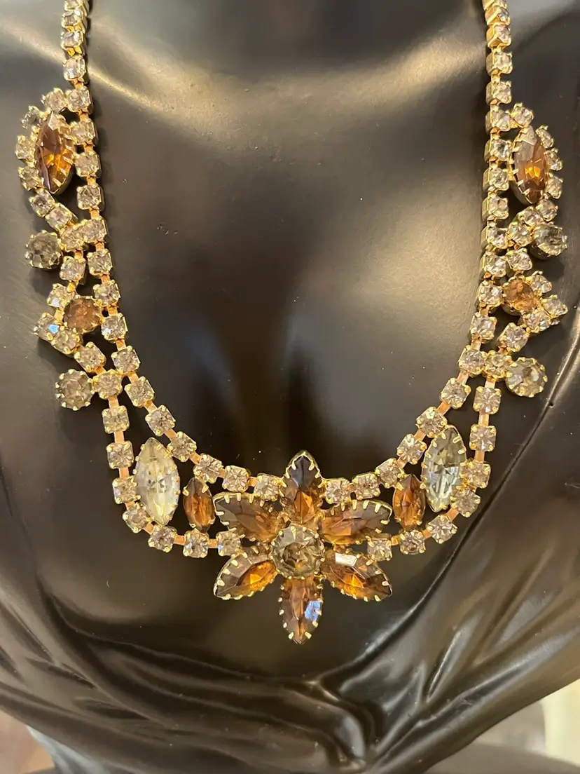 Vintage Amber Glass Clear Prong Set Rhinestone Necklace Sparkling Big Bling