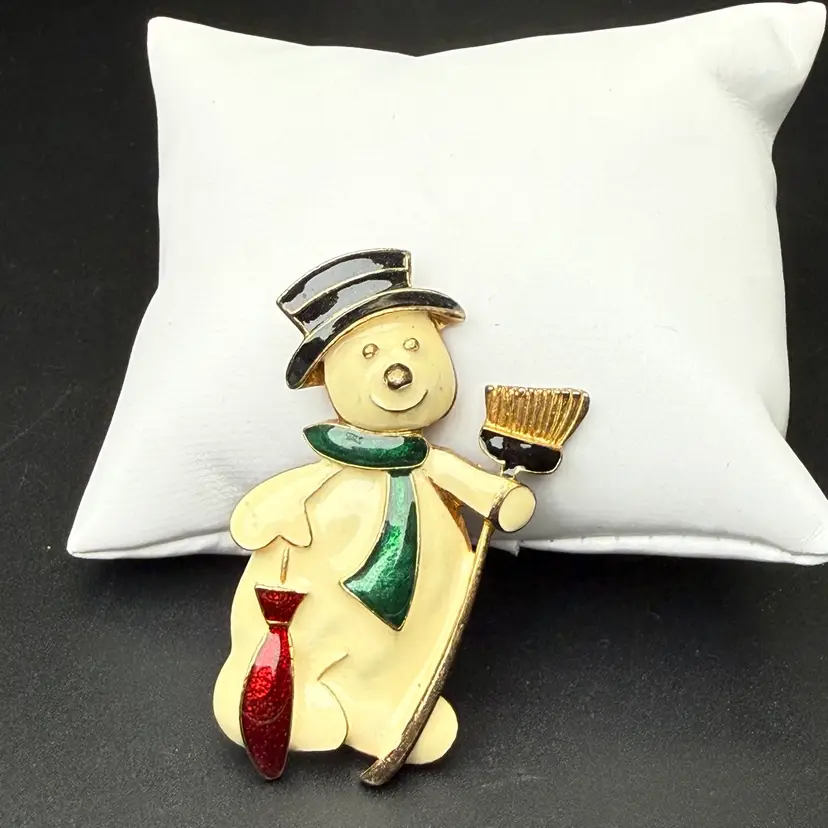 Vintage Eisenberg Ice Snowman Brooch Pin Dapper Enamel Gold Tone Winter Signed