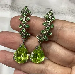 Silver Tone Peridot Green Glass Rhinestones Post Earrings 2”