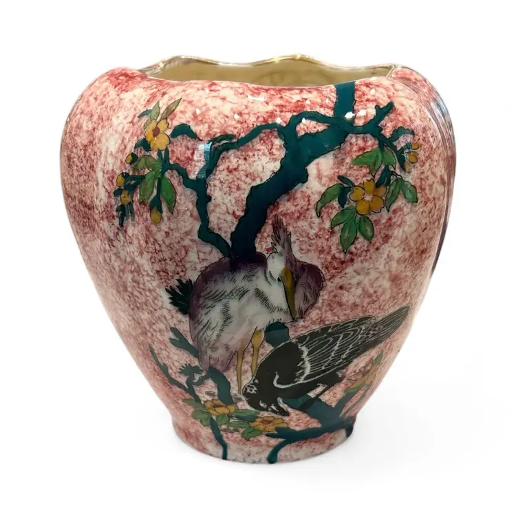 Antique Kutani Ware Japanese Ceramic Vase With Birds