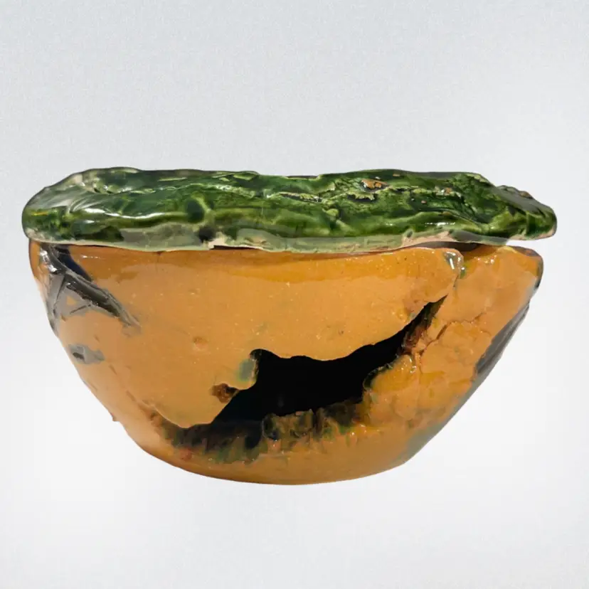 Brutalist Green Orange Studio Pottery Trinket Dish w/ Lid Signed Handmade | 4”