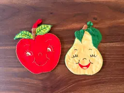 Vintage Handmade Apple & Pear Embroidered Pot Holders – 1950s Kitchen Decor