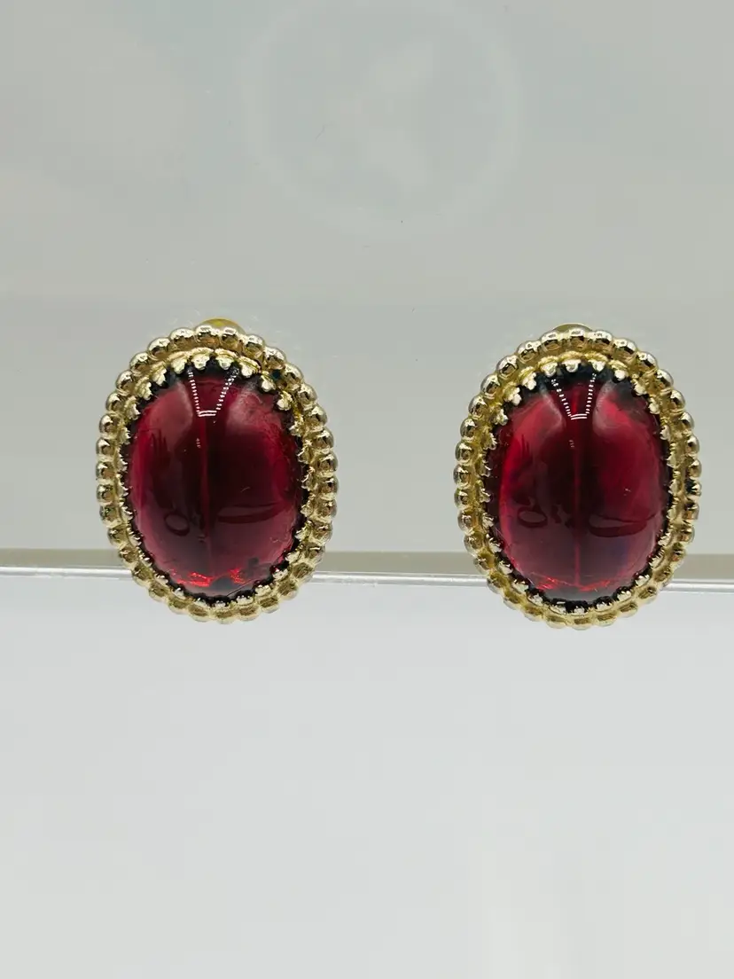 Vintage Whiting & Davis Co Red Gold Clip Earrings 1960s Gold Tone with Large Red Cabochon Bevel Set Open Back Vintage Clip Earrings Jewelry