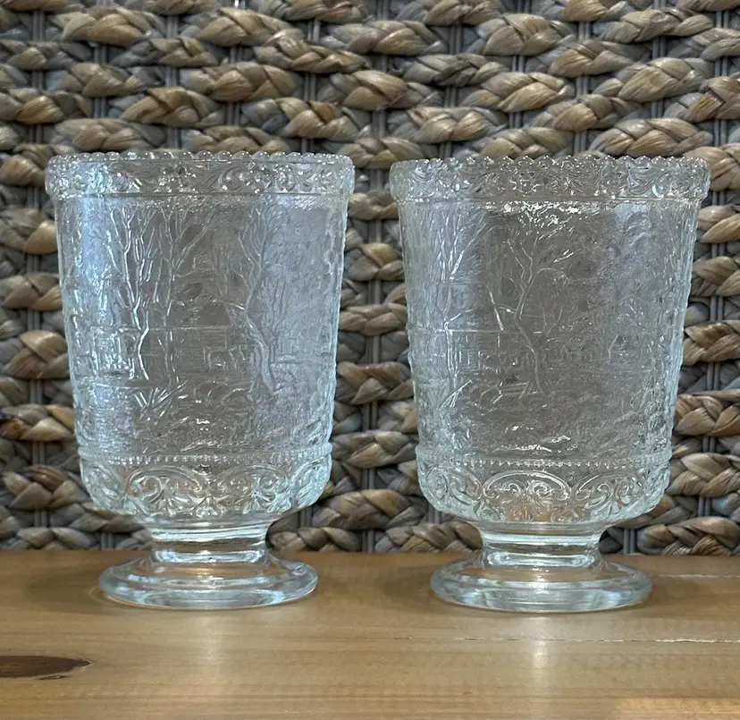 Pair of Vintage Fenton Currier & Ives Winter Cabin in Woods Clear Glass Vases