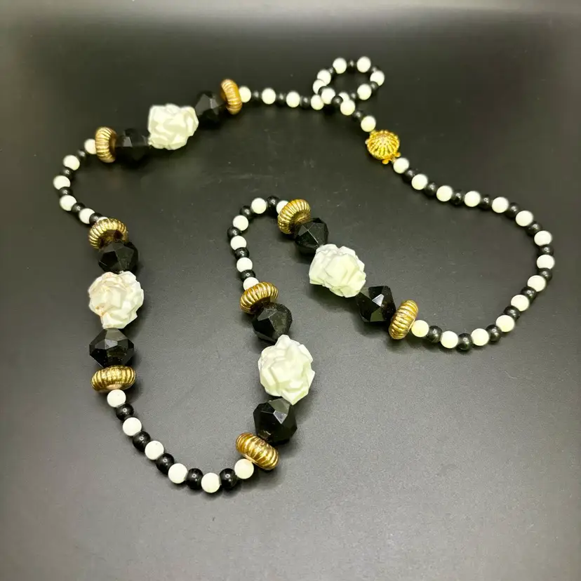 Black, White & Gold Tone Vintage Long Necklace 30”