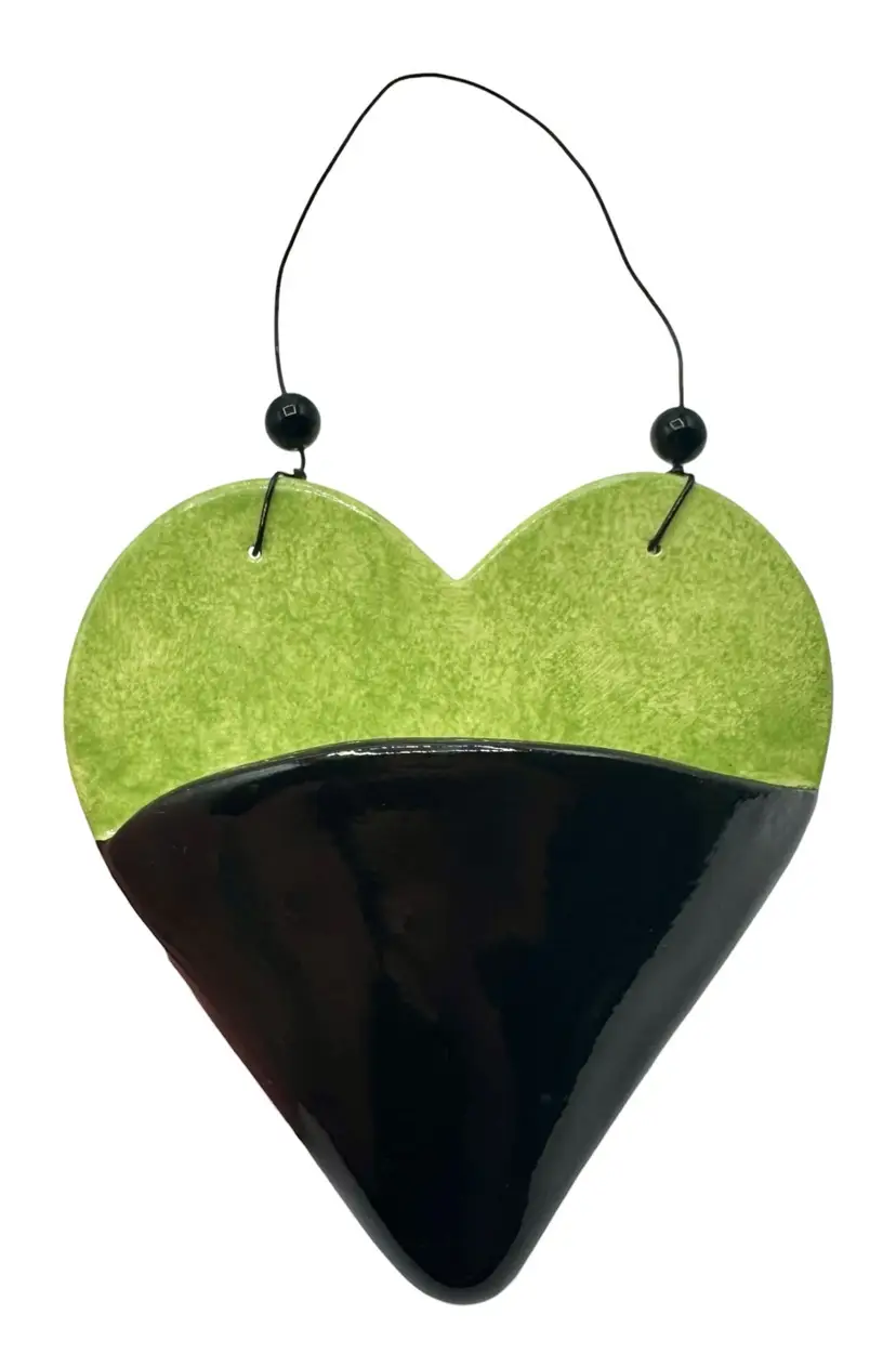 Studio Art Pottery Ceramic Wall Pocket Heart Shaped Lime Green Black Wire 8β