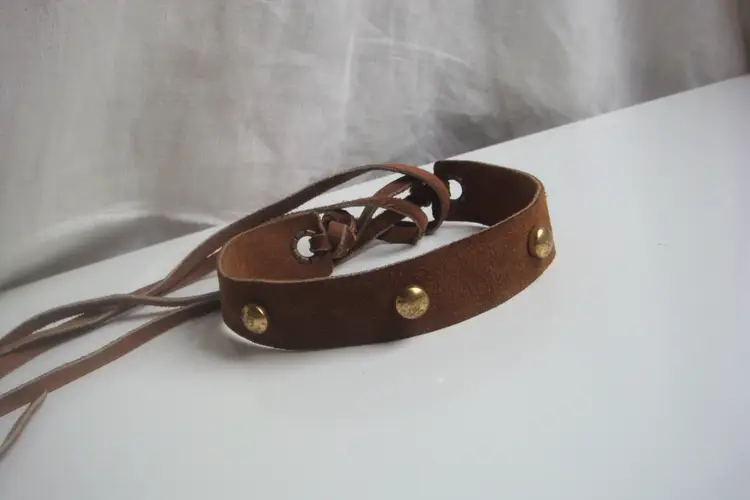 Vintage Brass Studded Brown Suede Fringe Hippie Choker 1960s