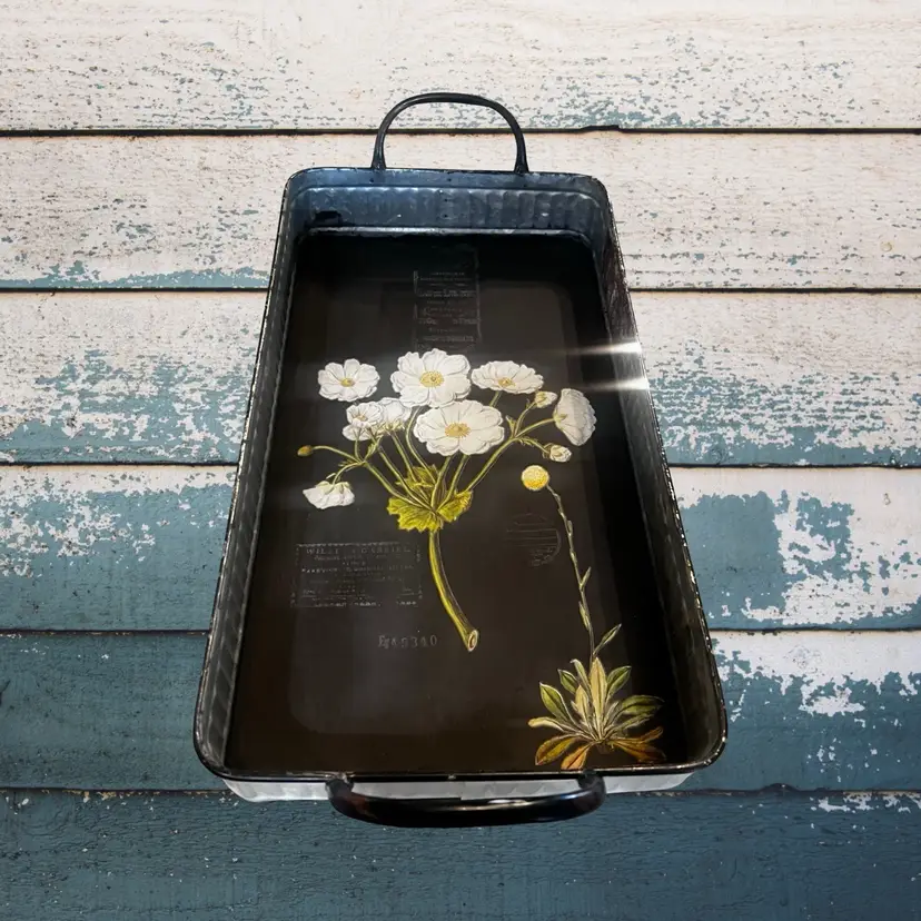 Upcycled Metal Floral Tray 14”Boho Farmhouse Table Top Decor Made By Me Drnksuzy OOAK Original