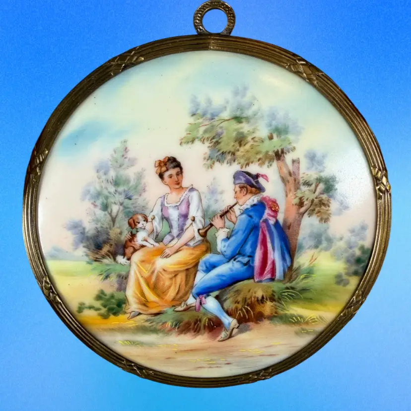 Vintage Pair of Czech Porcelain Wall Plaques – Romantic Courting Scenes – Brass Frames – Made in Czechoslovakia