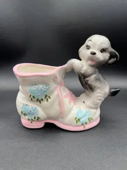 #02 Adorable Japanese Ceramic Grey Puppy Dog Standing On Boot Planter 5.75”🪴