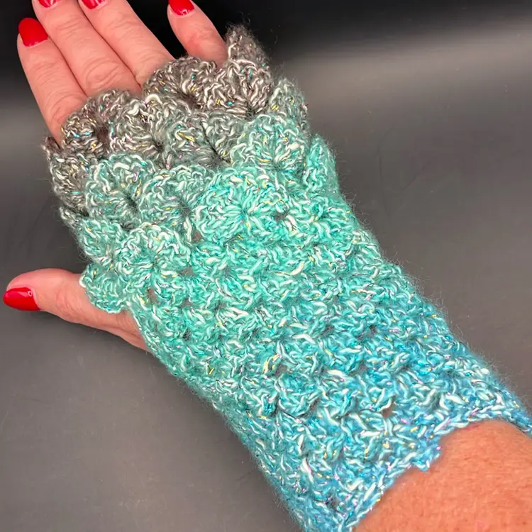 Dragon Scale Fingerless Gloves in Variegated Blue & Black with Multi Color Tinsel Crochet Handmade By Me