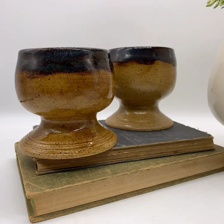 Signed Studio Pottery Hand Thrown Cups Planters Brown Stoneware Set Of 2