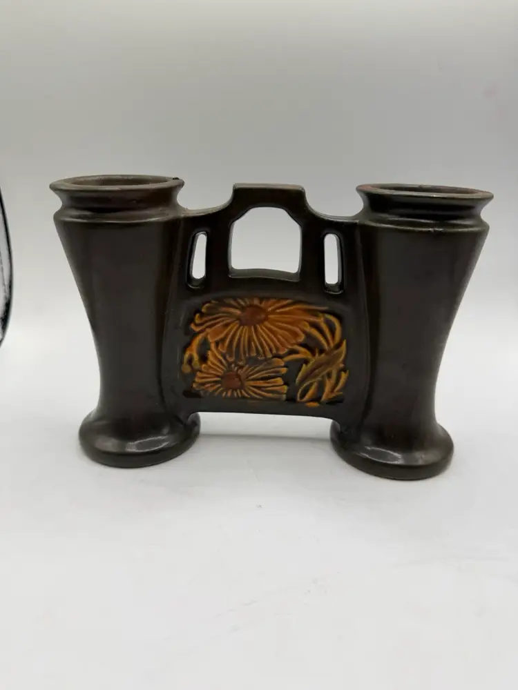 Roseville Rosecraft Panel Brown Double Bud Vase Vintage Rare