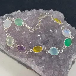 Faceted Multi Gemstone Sterling Silver Link Bracelet, 925 Bracelet With Multicolor Faceted Gemstones