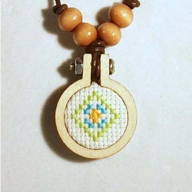 Cross Stitch Geometric Flower In Diamond Mini Embroidery Hoop Boho Pendant Necklace 16