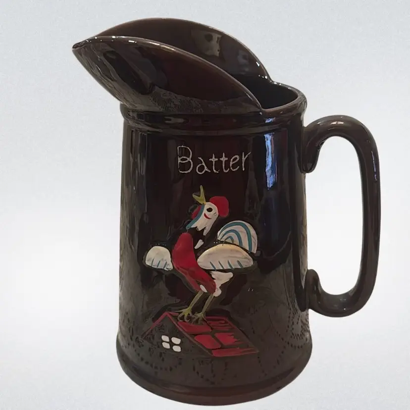 Vintage Redware Batter Pitcher Embossed Rooster Brown Luster 1950's