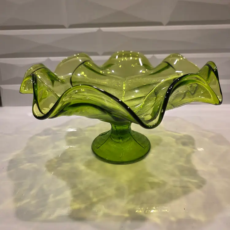 Vintage Viking Leaf Print Green Footed Bowl 6" T x 11"