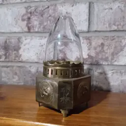 Antique Chinese Opium-Style Lamp Brass Base Clear Glass Dome Made in Hong Kong