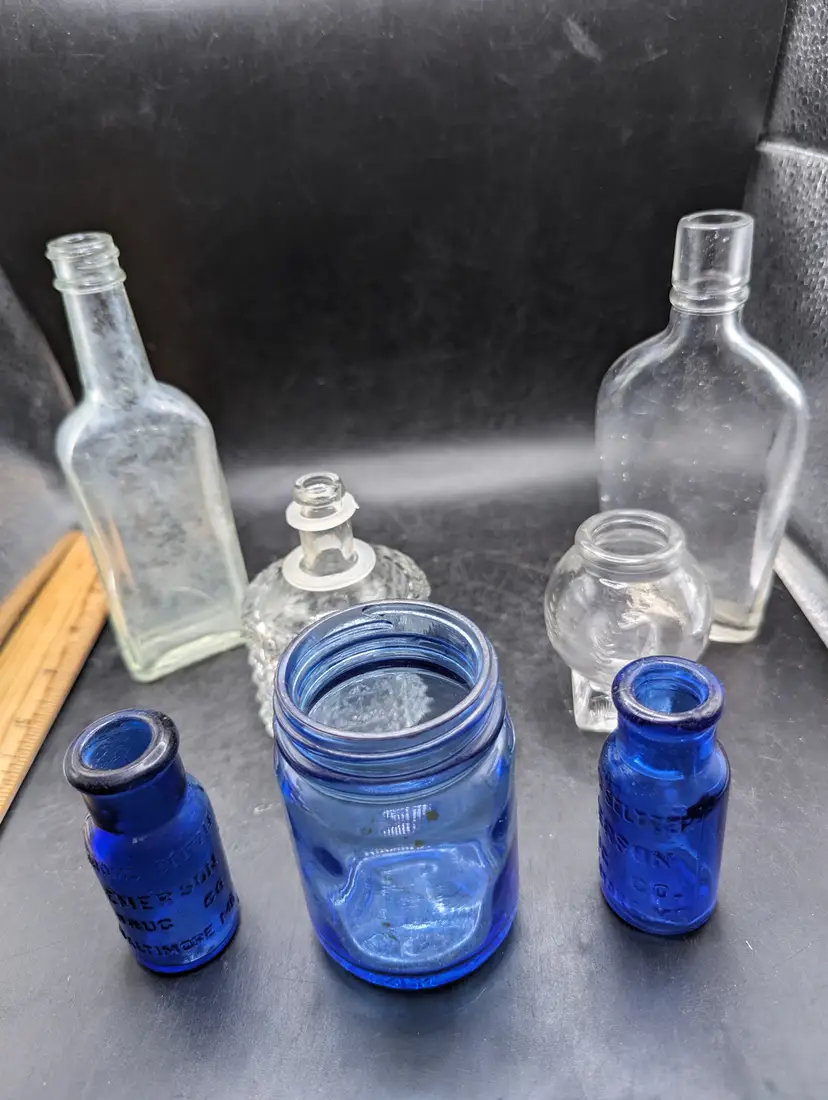 Vintage Lot of 7 Bottles Various Types Cobalt and Clear. P