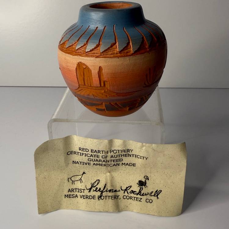 Navajo Red Earth Pottery Vessel Seed Pot Artist Signed With COA 2.75”