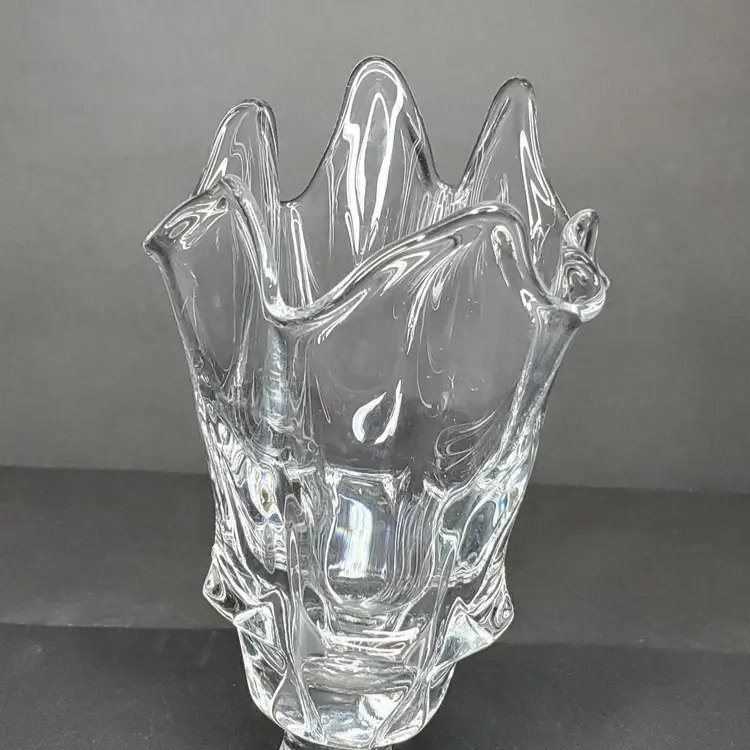 Vintage Fenton Art Glass Valencia Handkerchief Vase Thumbprint Clear Footed MCM
