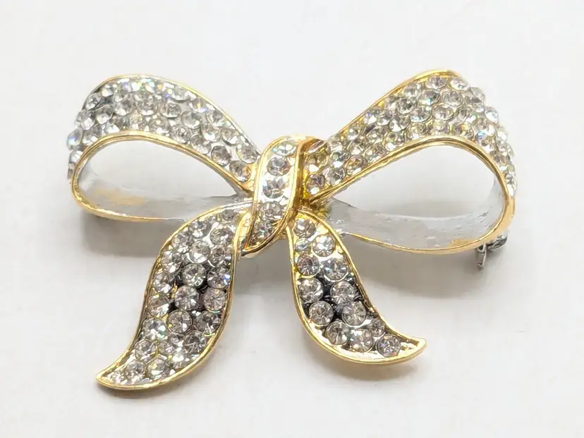 Vintage Gold Silver Tone Rhinestone Bow Brooch