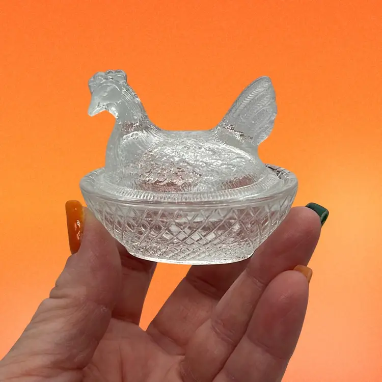 Vtg. Clear Glass Hen on Nest Miniature 2.5”