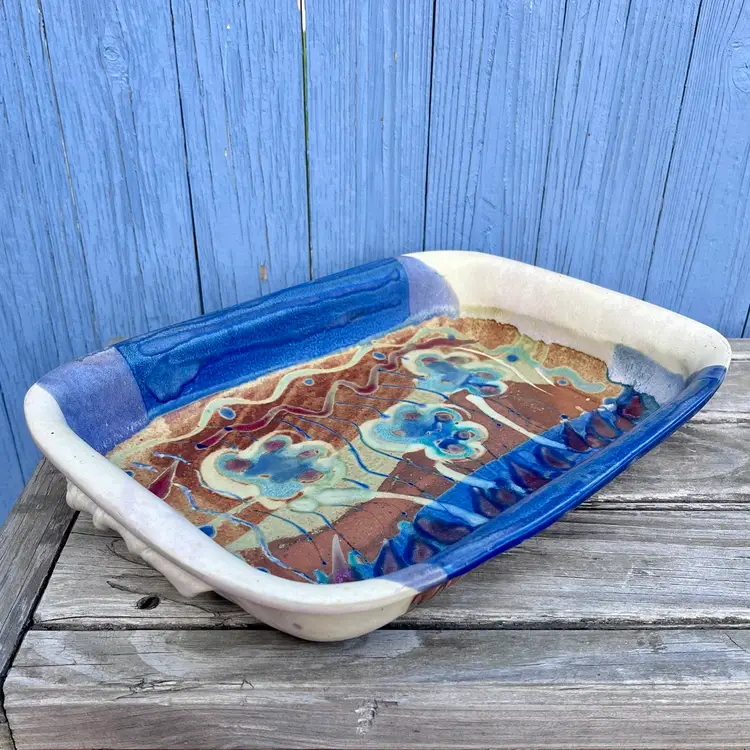 Klickitat Pottery Stoneware Pottery Rectangle Casserole Dish Floral Glazed WA