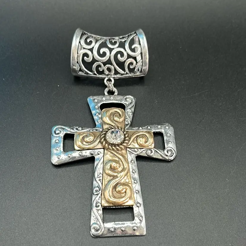 Large Cross Pendant, Silver, And Gold Tone 4” Long